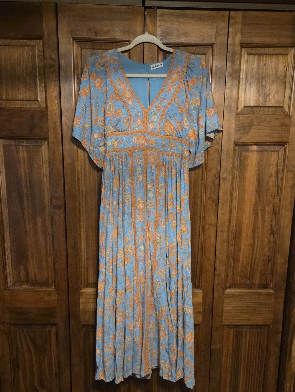 Boho V-Neck Floral Maxi Dress in Light Blue and Orange